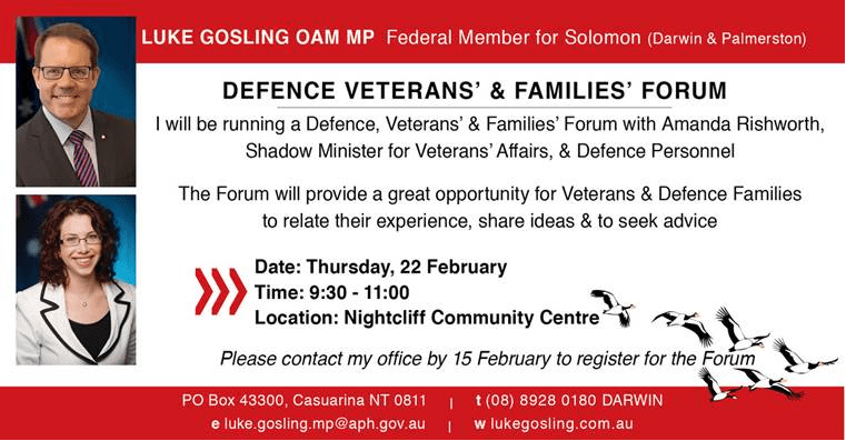 Defence Veterans’ and Families’ Forum – Darwin 22 February 2018